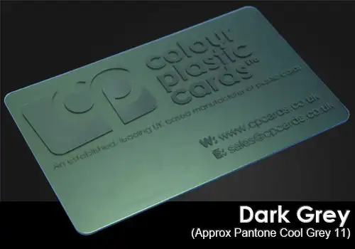 dark grey printed on a frosted plastic card