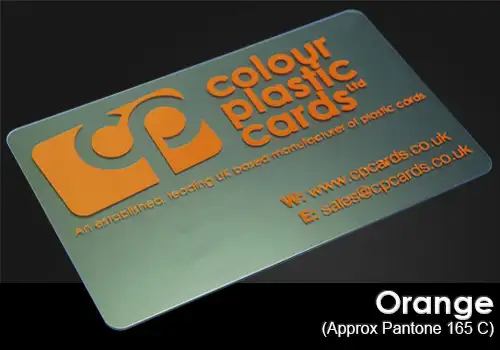 orange printed on a frosted plastic card