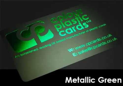 metallic green printed on a satin black plastic card