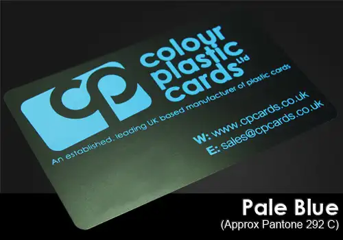 pale blue printed on a satin black plastic card