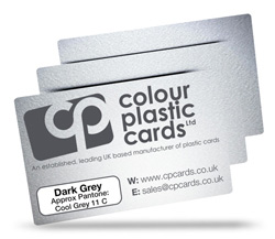 Dark grey - Approx Pantone: Cool Grey 11 - Note: Important wording printed with grey ink on a frosted plastic card may be hard to read