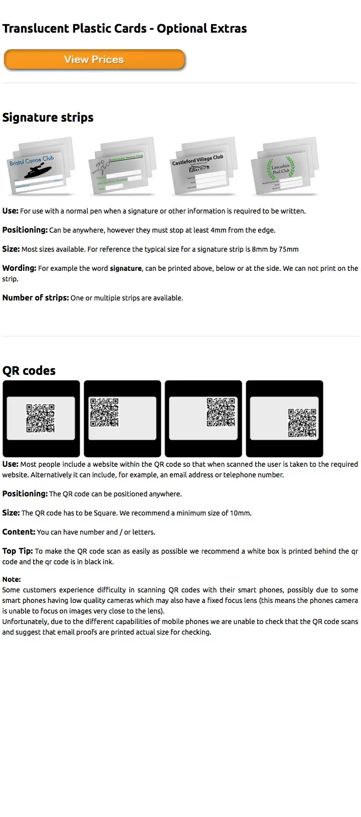 optional extras available on frosted plastic cards