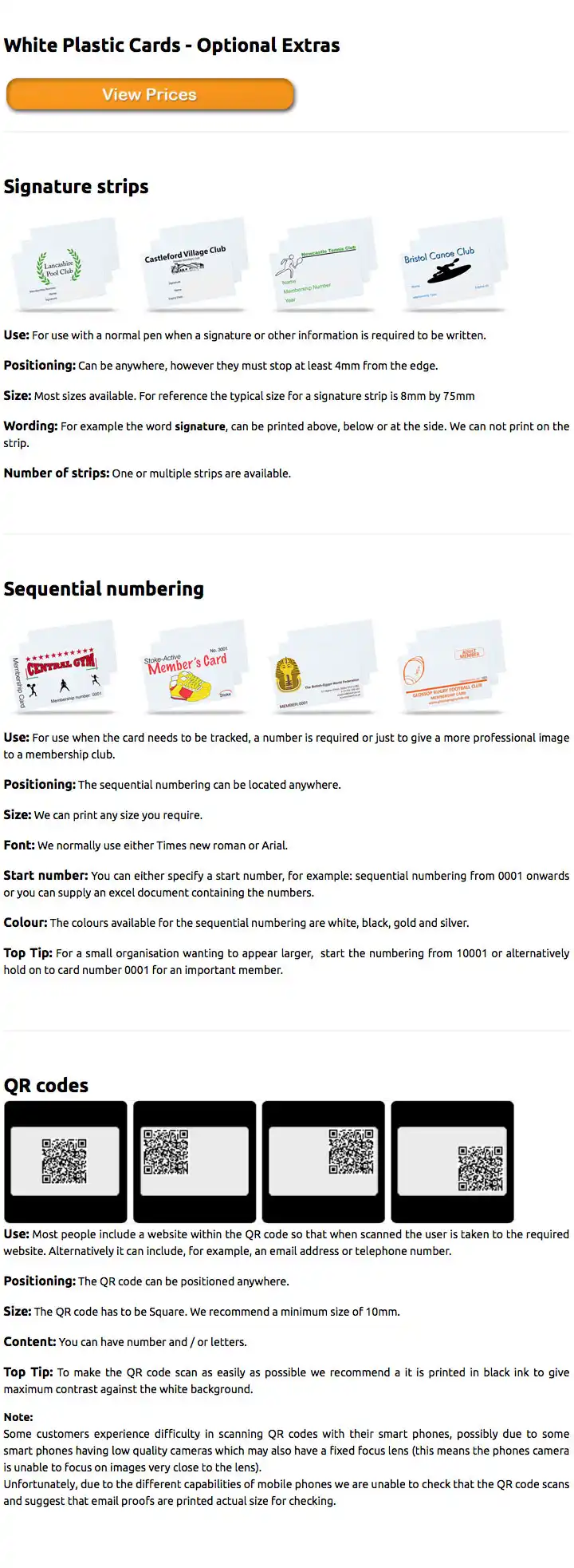 optional extras available on white plastic cards