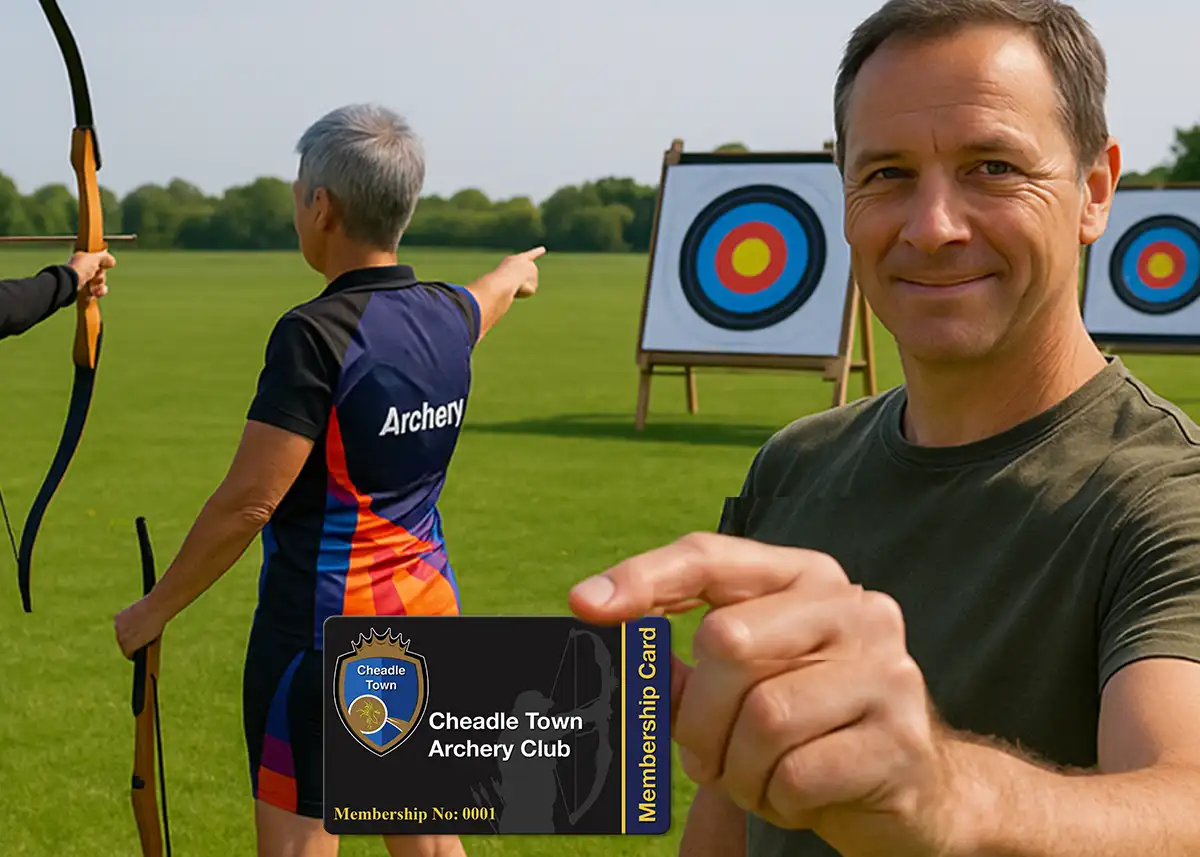 a printed plastic card for a archery club with club logo