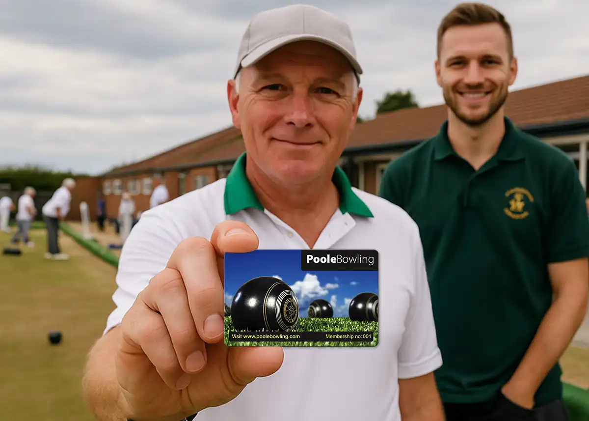 a printed plastic card for a bowling club with photo of bowling